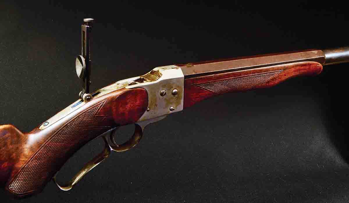 A Farrow “grade one” rifle in .32-40 fitted with a Marlin tang sight. This rifle has a nickel-plated receiver and buttplate.